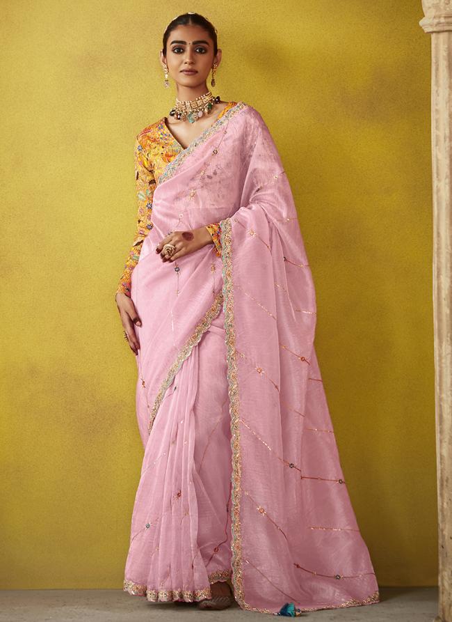 Glass Tissue Pink Wedding Wear Embroidery Work Saree